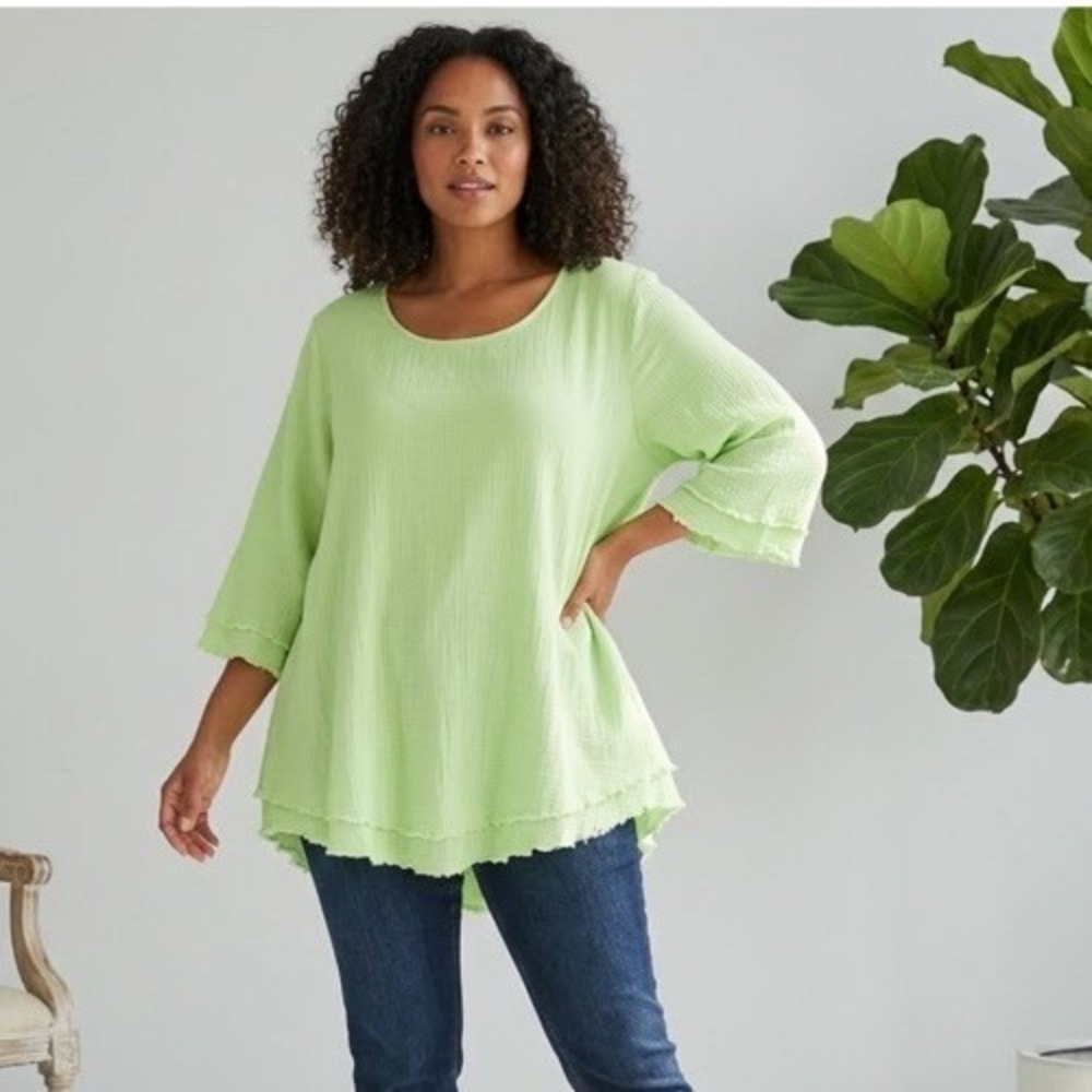 Soft Surroundings Cotton Crinkle Top 2x Green Scalloped Hem Cuffs Casual